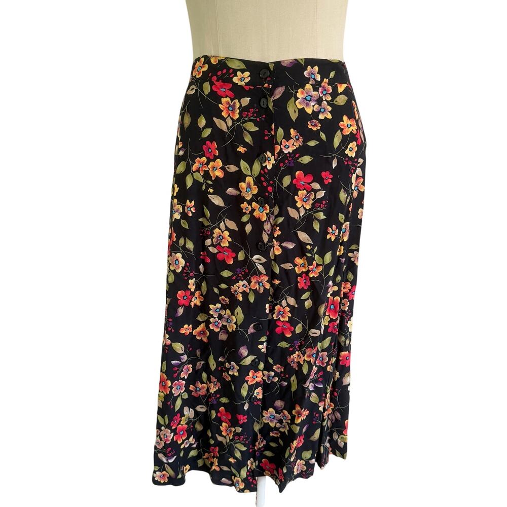 VTG Y2K 2000s Black Floral Button Maxi Skirt Plus 2X Cottagecore Whimsy Fairy